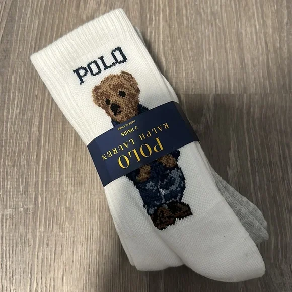 NWT Ralph Lauren Polo Americana Sport Bear Crew Socks, Set of 3 Teddy Bear - Picture 3 of 5